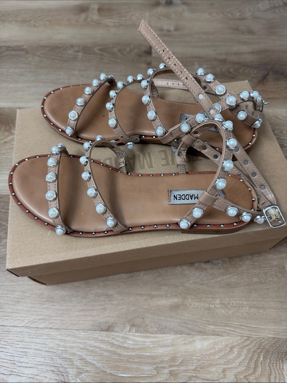 Steve Madden Tan Pearl-Embellished Strappy Sandals - Picture 3 of 3